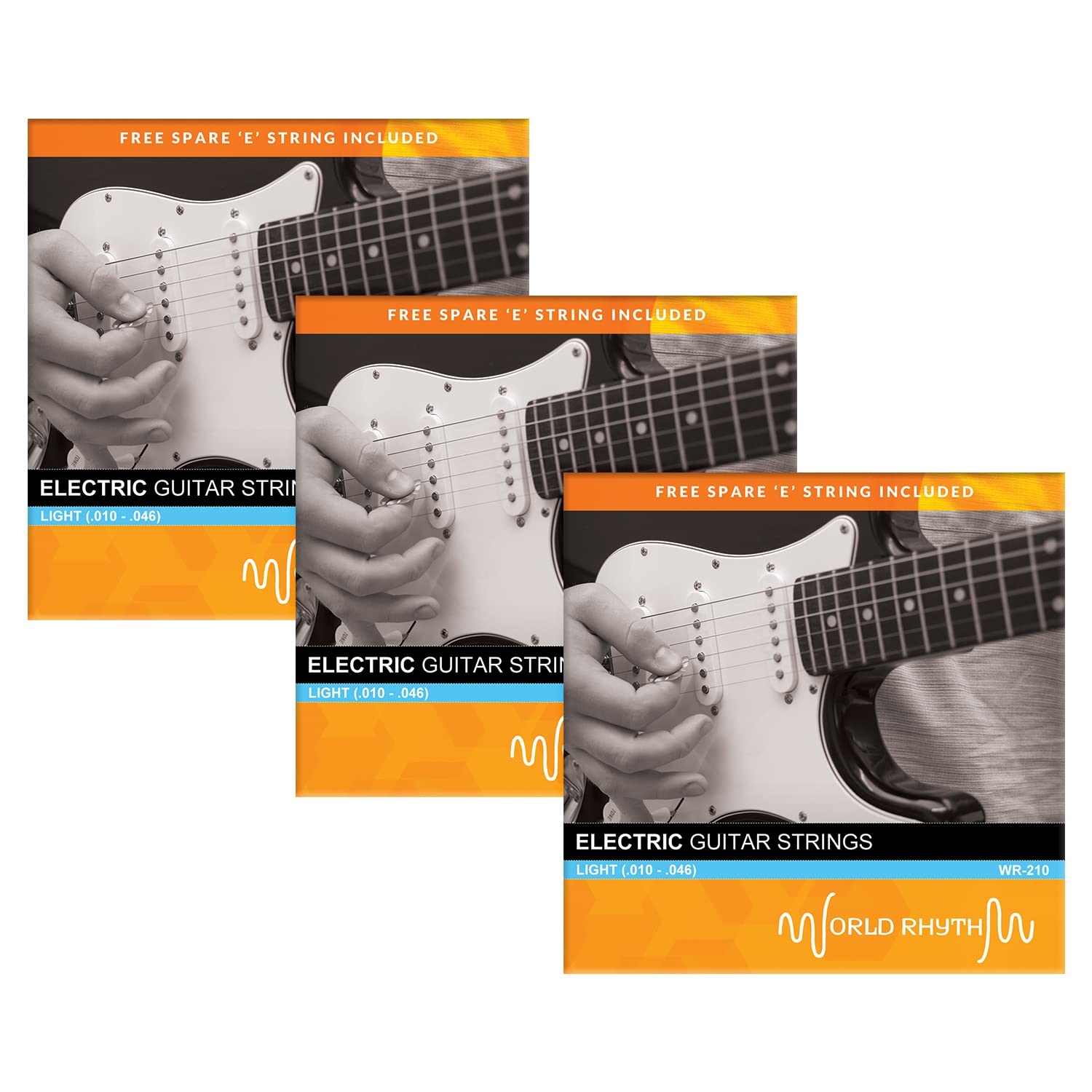 World Rhythm Electric Guitar Strings - Light (.010 - .046) Gauge Strings with Spare High 'e' Strings - 3 Pack