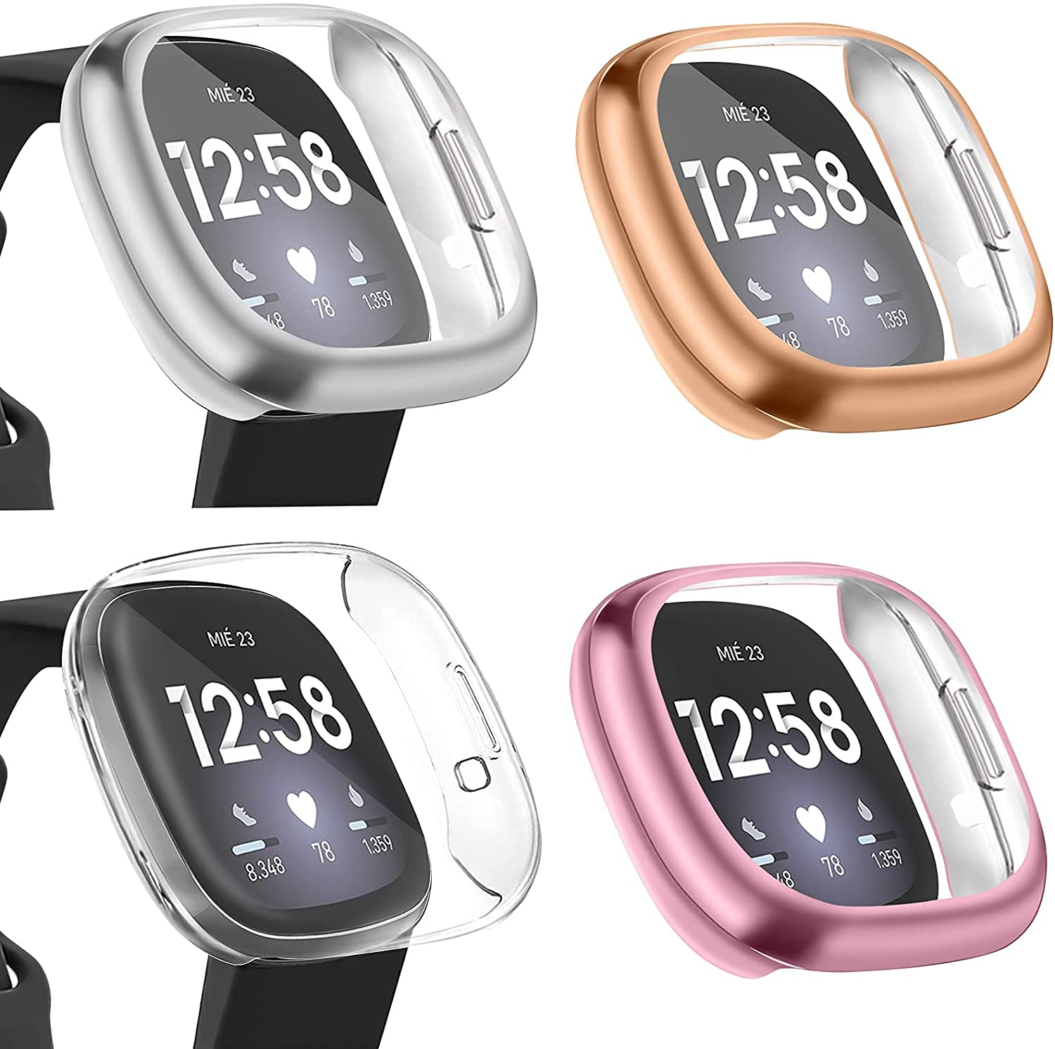 [4 Pack] Oumida Screen Protector Compatible with Fitbit Versa 3/ Fitbit Sense Screen Protector Case, TPU Protective Shockproof Cover Bumper for Versa 3/Versa Sense (Silver/Rose Gold/Rose/Clear)