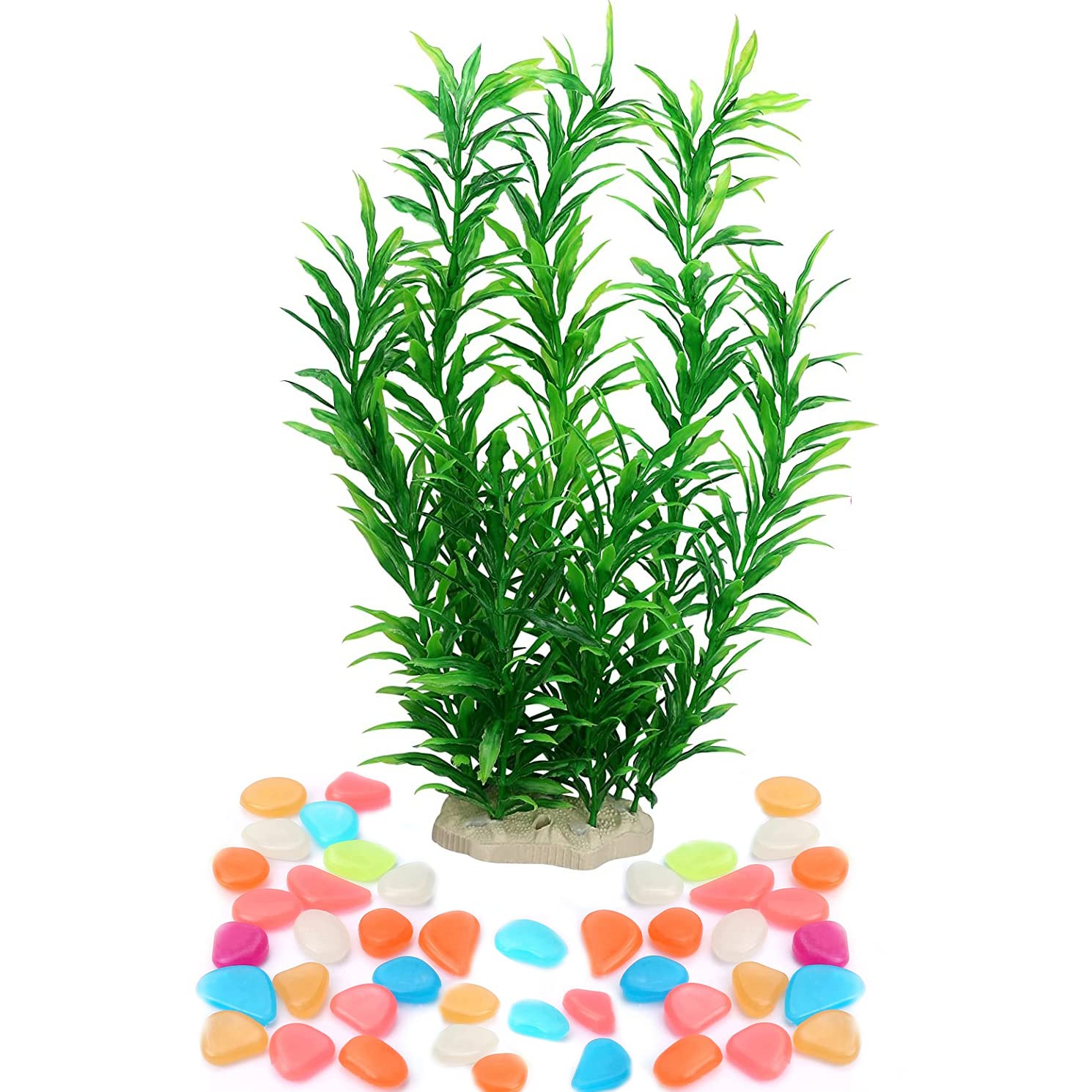 Artificial Aquarium Plants with 50pcs Glow Stone for Fish Tank Plants Ornaments Decorations, Plastic, 28cm/11inch, Green