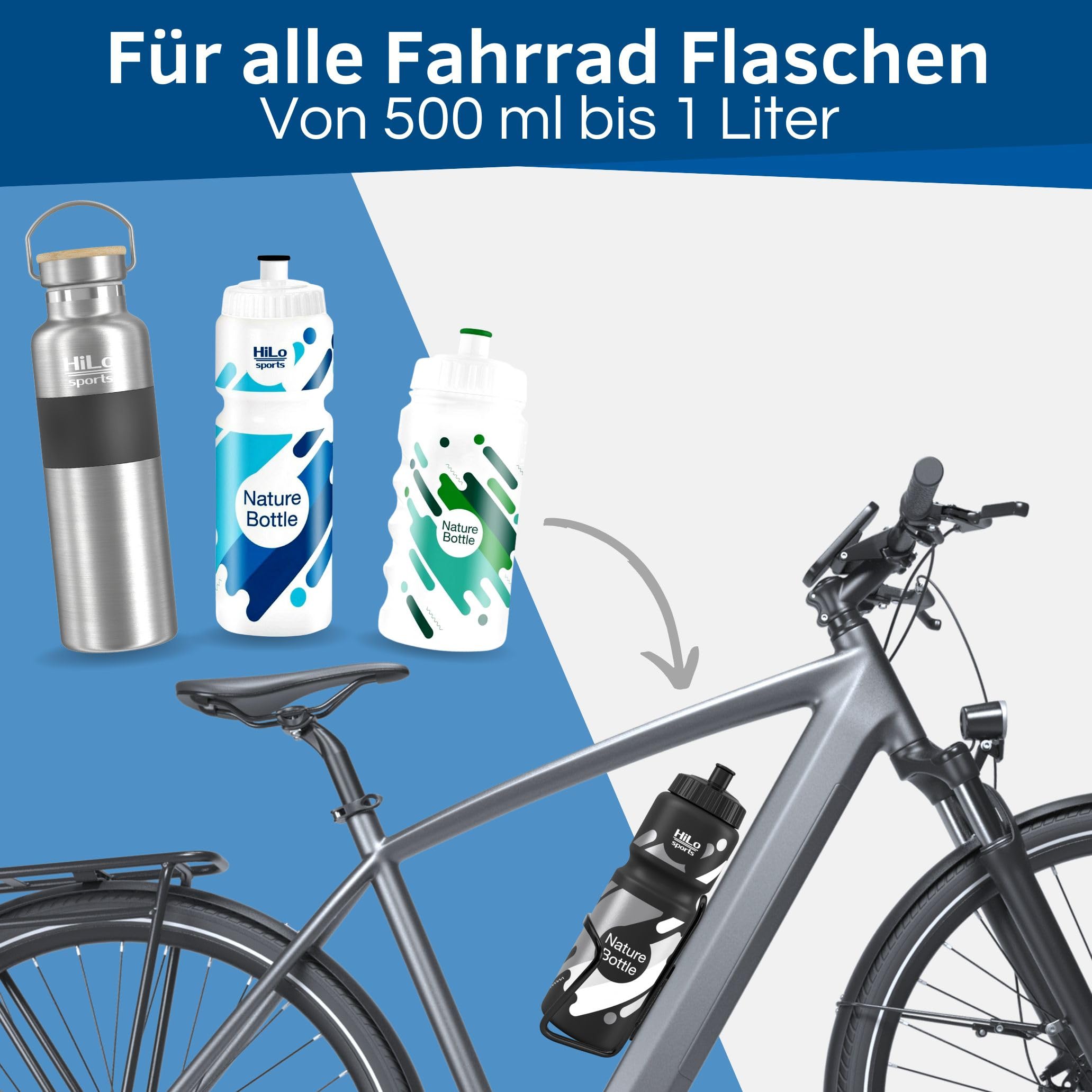 HiLo sports 2er Set Flaschenhalter Fahrrad - [Mit Schrauben & Werkzeug] - Rostfreie Fahrrad Trinkflaschenhalterung aus Aluminium - Getränkehalter Fahrrad 3