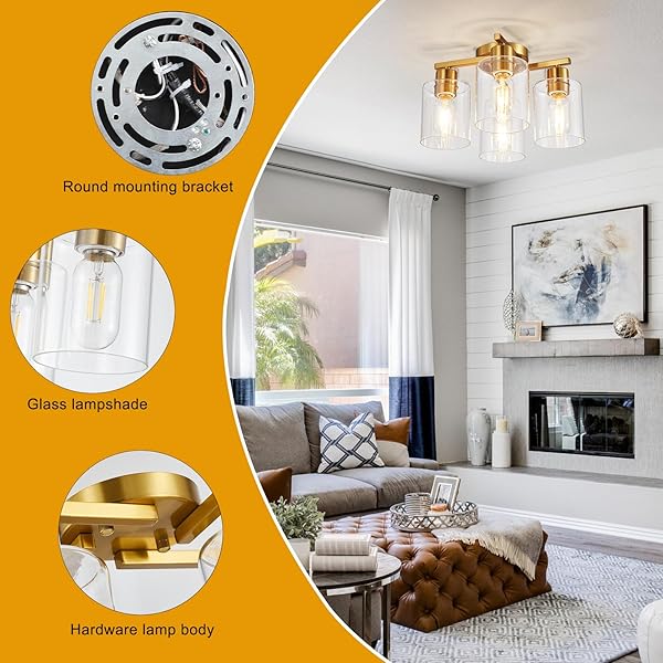 DIDUIO 4 LIGHT SEMI FLUSH MOUNT CEILING LIGHT BRUSHED GOLD KITCHEN LIGHTING FIXTURES CEILING BRASS HALLWAY CIELING LIGHTS FIXTURE WITH CLEAR GLASS SHADE FOR BEDROOM DINING ROOM