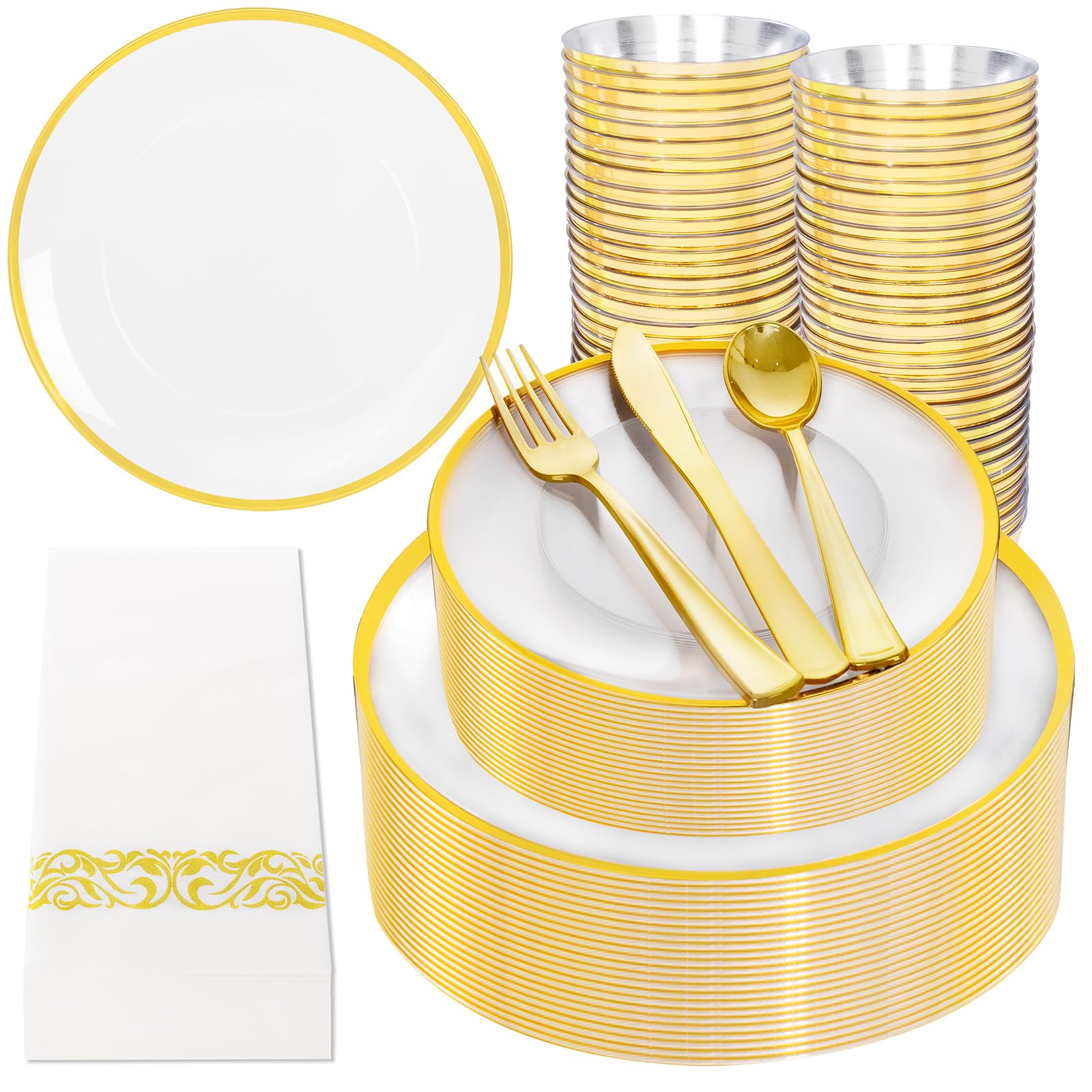 Photo 1 of NOCCUR 350PCS Clear and Gold Plastic Plates - Gold Disposable Plastic Dinnerware Set for 50 Guests Include 100 Plastic Plates, 150 Gold Cutlery, 50 Cups&50 Napkins Idea for Wedding&Party