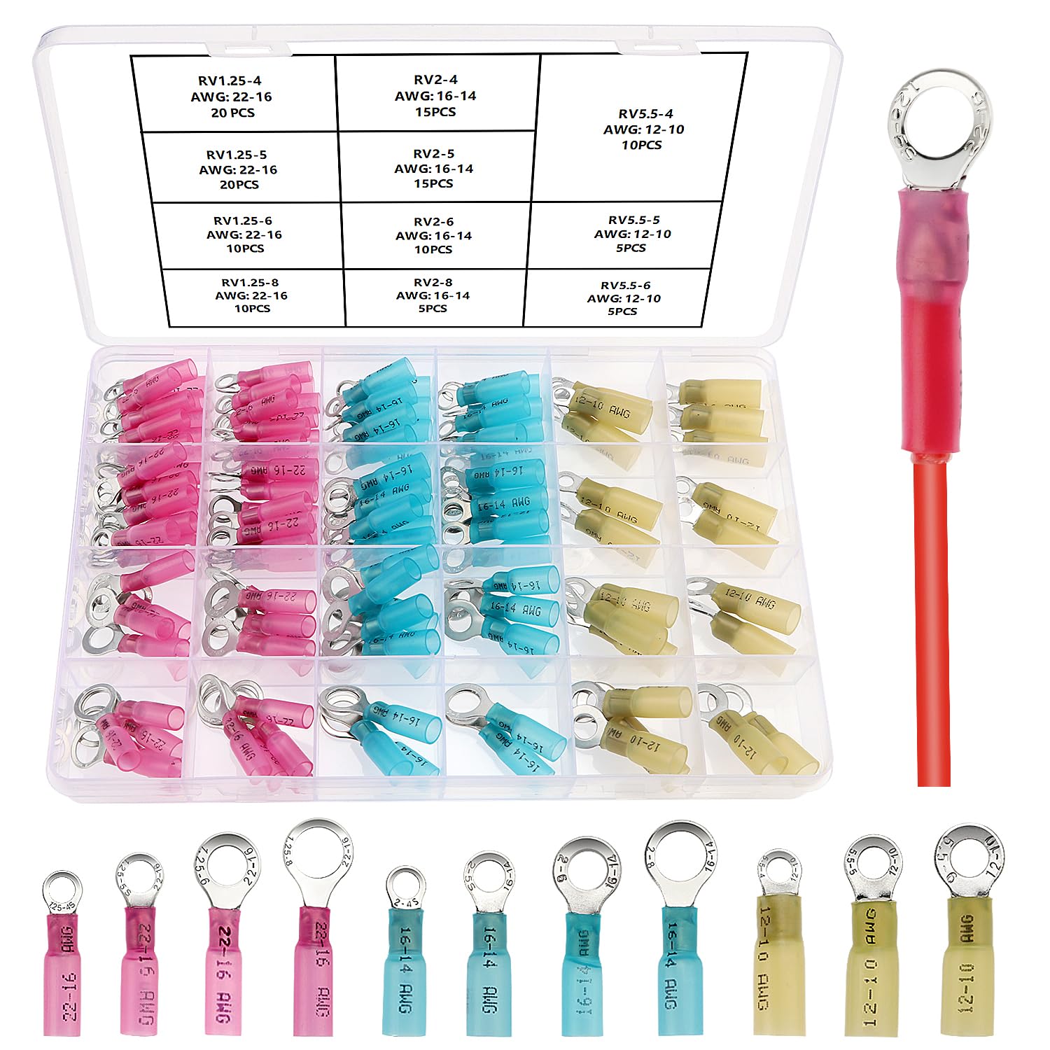 YIXISI 125 PCS Heat Shrink Wire Connectors Kit, Marine Grade Electrical Connectors, Heat Shrink Ring Connectors, 22-10 AWG