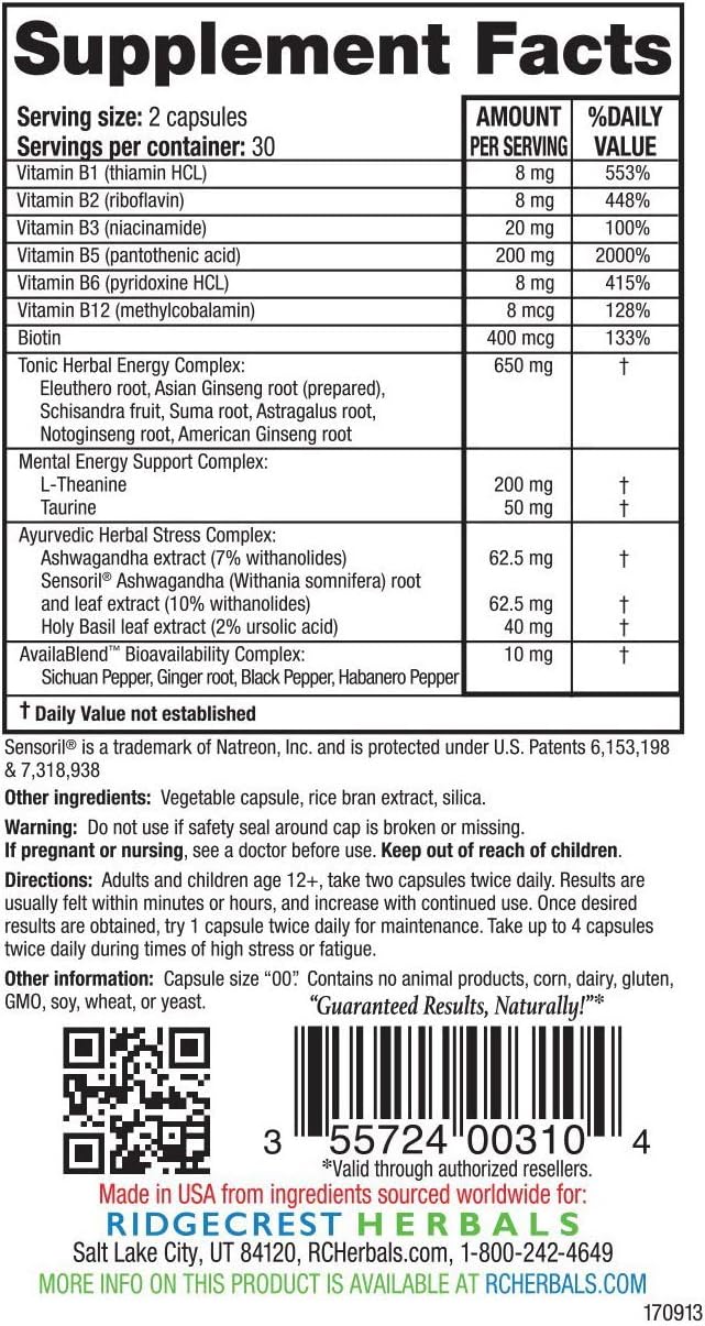 RidgeCrest Herbals Adrenal Fatigue Fighter, Adaptogen Stress Support, 60 Vegetarian Capsules: Health & Personal Care