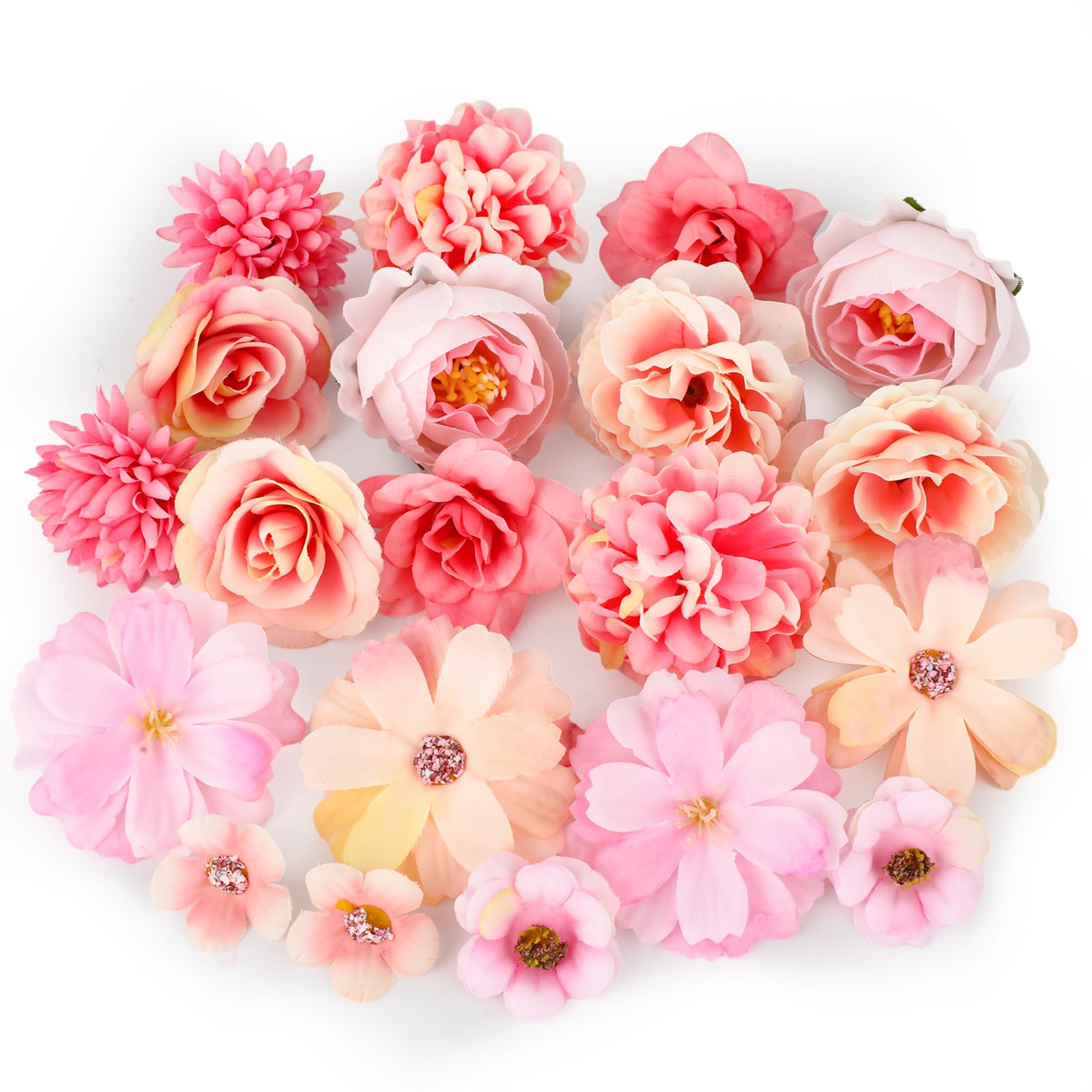 MWOOT 20 Pcs Artificial Flower Heads, Small Faux Flowers for Crafts, Fake Rose Peony Cherry Flowers Heads for DIY Wreath Cake Wedding Bouquet Party Home Garden Decoration (Pink)