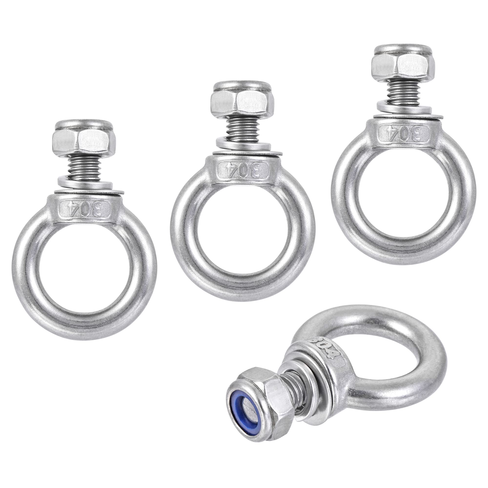 sourcing map Lifting Eye Bolt M10 x 18mm Male Thread with Hex Screw Nut Gasket Flat Washer for Hanging Securing Chain Wire Rope, 304 Stainless Steel, 4 Sets