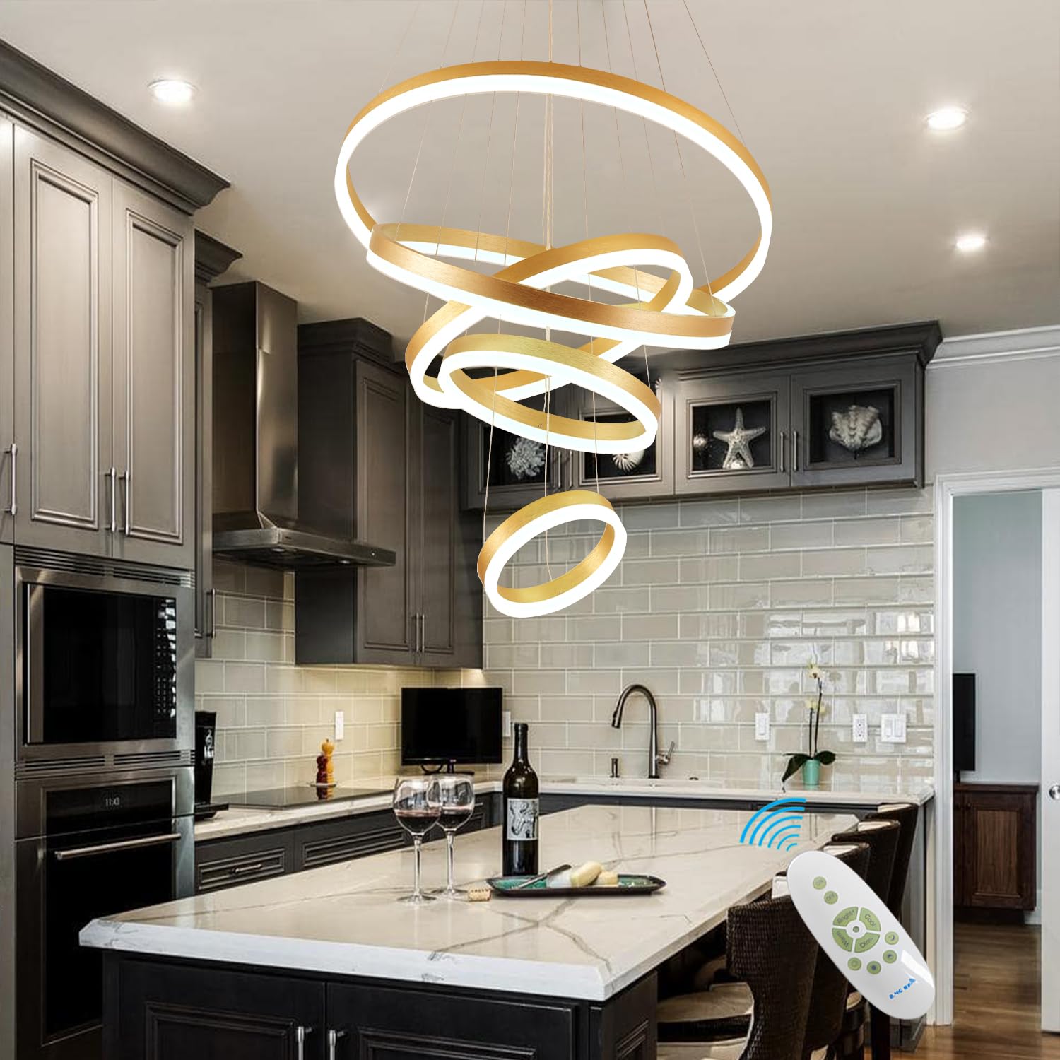 Photo 1 of **FOR PARTS ONLY NON-FUNCTIONAL** EMBRING Modern Gold Chandelier,Gold Modern Led Pendant Light 5 Ring Dimmable LED Chandelier for Dining Room Light Fixture for Kitchen Island Lighting Over Table, Height Adjustable Dining Room