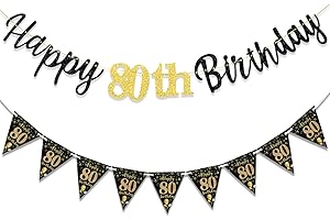 MAGLAUG 80th Birthday Decorations Banner Women Men, Black Gold Happy 80thBirthday Banners for Men Women (Birthday 80th)