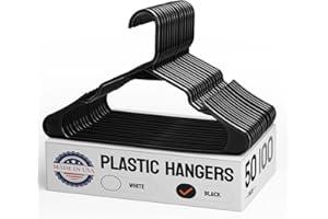 Pretigo Made in USA Black Plastic Hangers 50 Pack - Clothes Hangers with Shoulder Grooves, Space Saving & Heavy Duty Coat Hanger Premium Closet Organizers as Coats, Dress and Pants