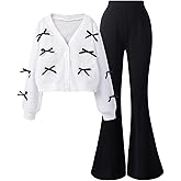 OYOANGLE Girl's 2 Piece Outfits Button Up Bow Cardigan and Bell Bottom Pants Set Fall Clothes