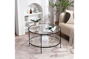 VINGLI Glass Coffee Table,30" Round Coffee Table Black Coffee Tables for Living Room, 2-Tier Clear Glass Top Side Table with Storage. Simple & Modern Center Table Mesa de Centro para Sala