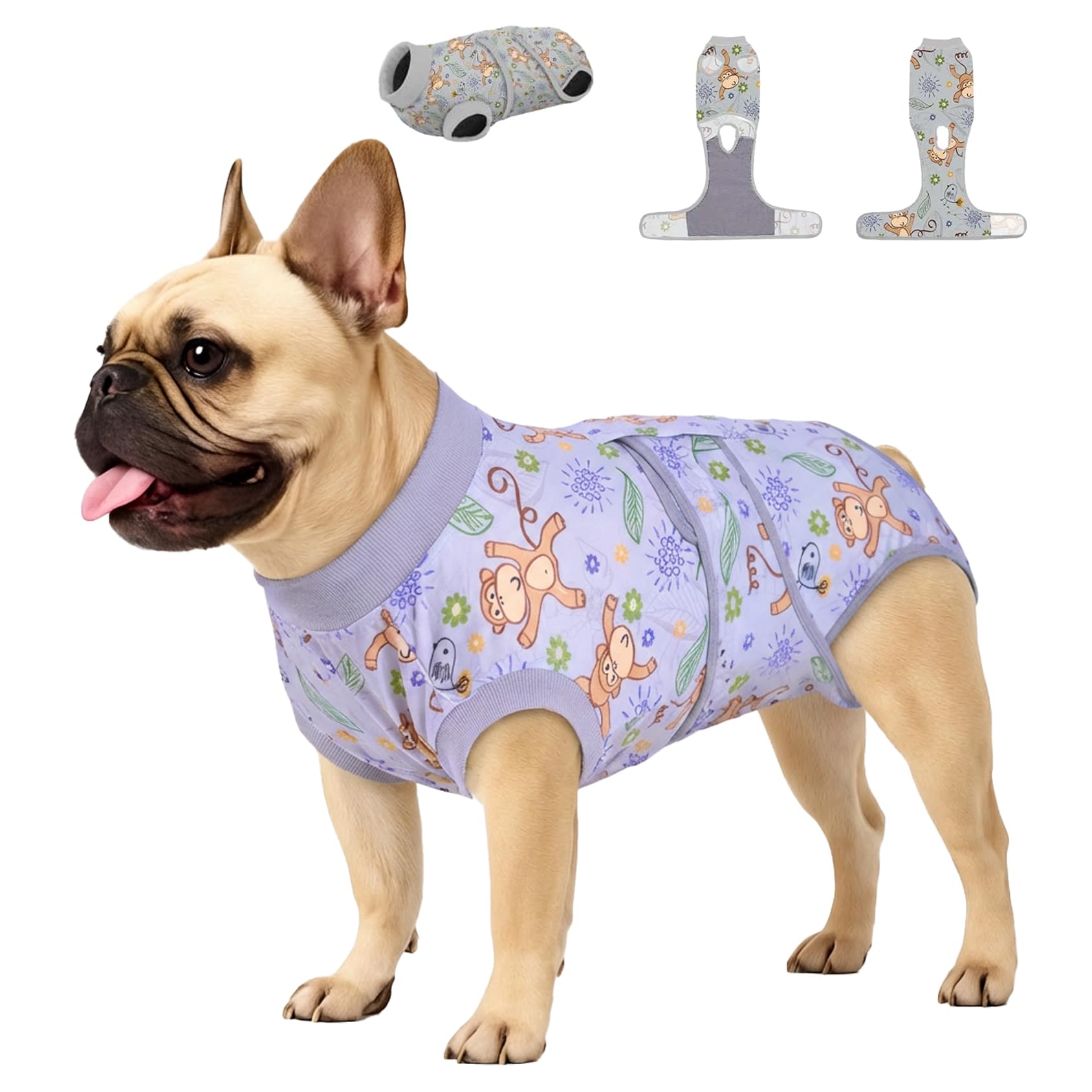 PetWarm Recovery Suit for Dogs, Dog Surgical Recovery Suit Female and Male, Onesie for Dogs After Surgery, Anti-Licking Dog Bodysuit Soft, Monkey Pattern, Grey, XS