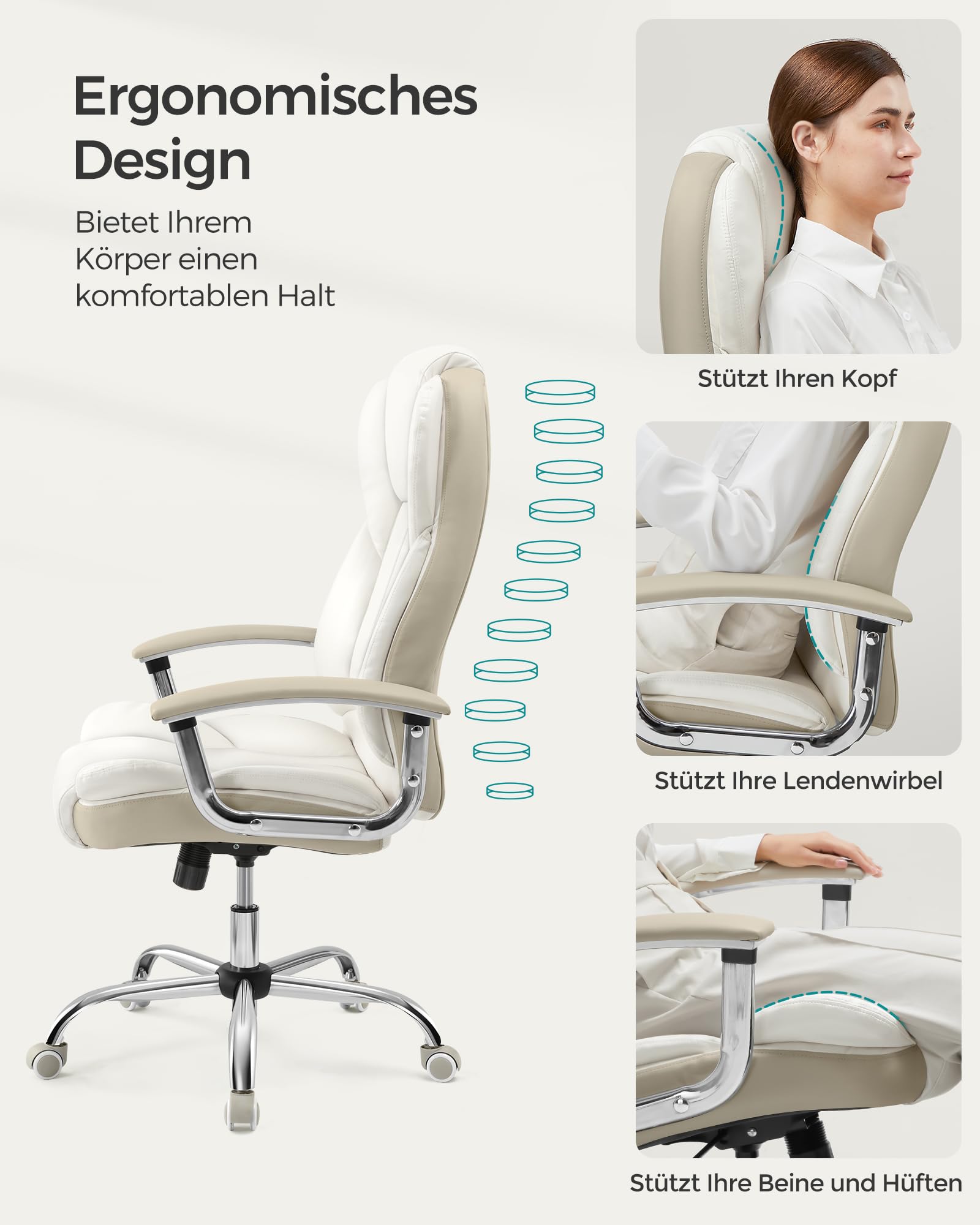 SONGMICS Bürostuhl, Schreibtischstuhl, Gaming-Stuhl mit Armlehnen, Computerstuhl, Chefsessel, höhenverstellbar, Homeoffice, Arbeitszimmer, cremeweiß-kamellbraun OBG057W01 5