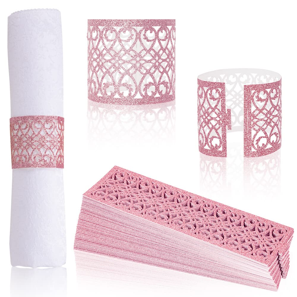 Photo 1 of 100 Pcs Napkin Rings Sparkling Paper Napkin Holder Disposable Napkin Bands Napkin Holder for Wedding Party Dinner Table Decor?Pink?
