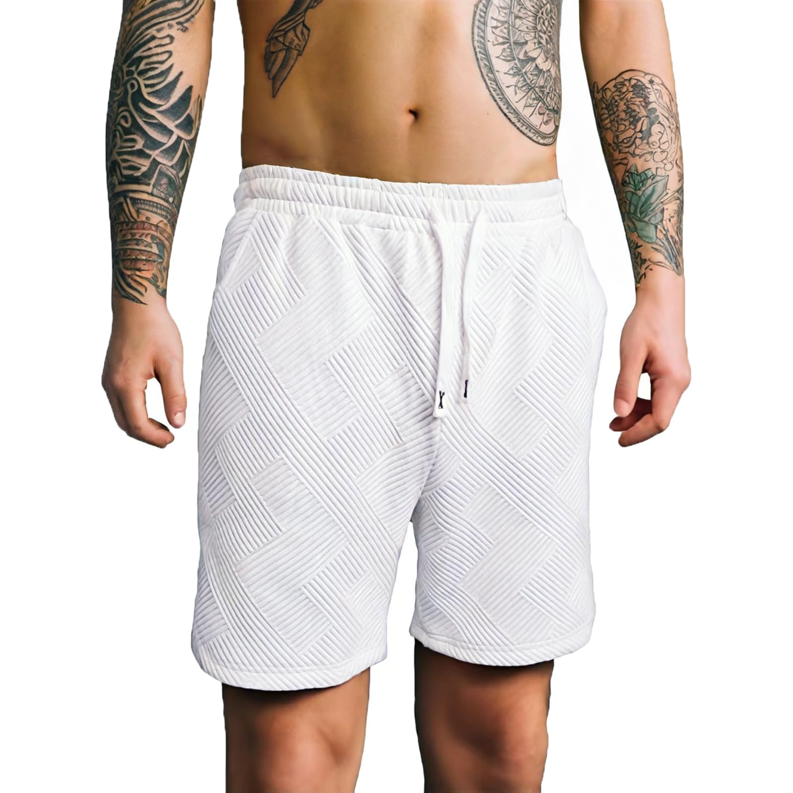 Photo 1 of CAALEIS Athletic Shorts for Men, White Textured Pattern, Drawstring Waist, Casual Workout Gym Shorts (US, Alpha, Medium, Regular, Regular, White)