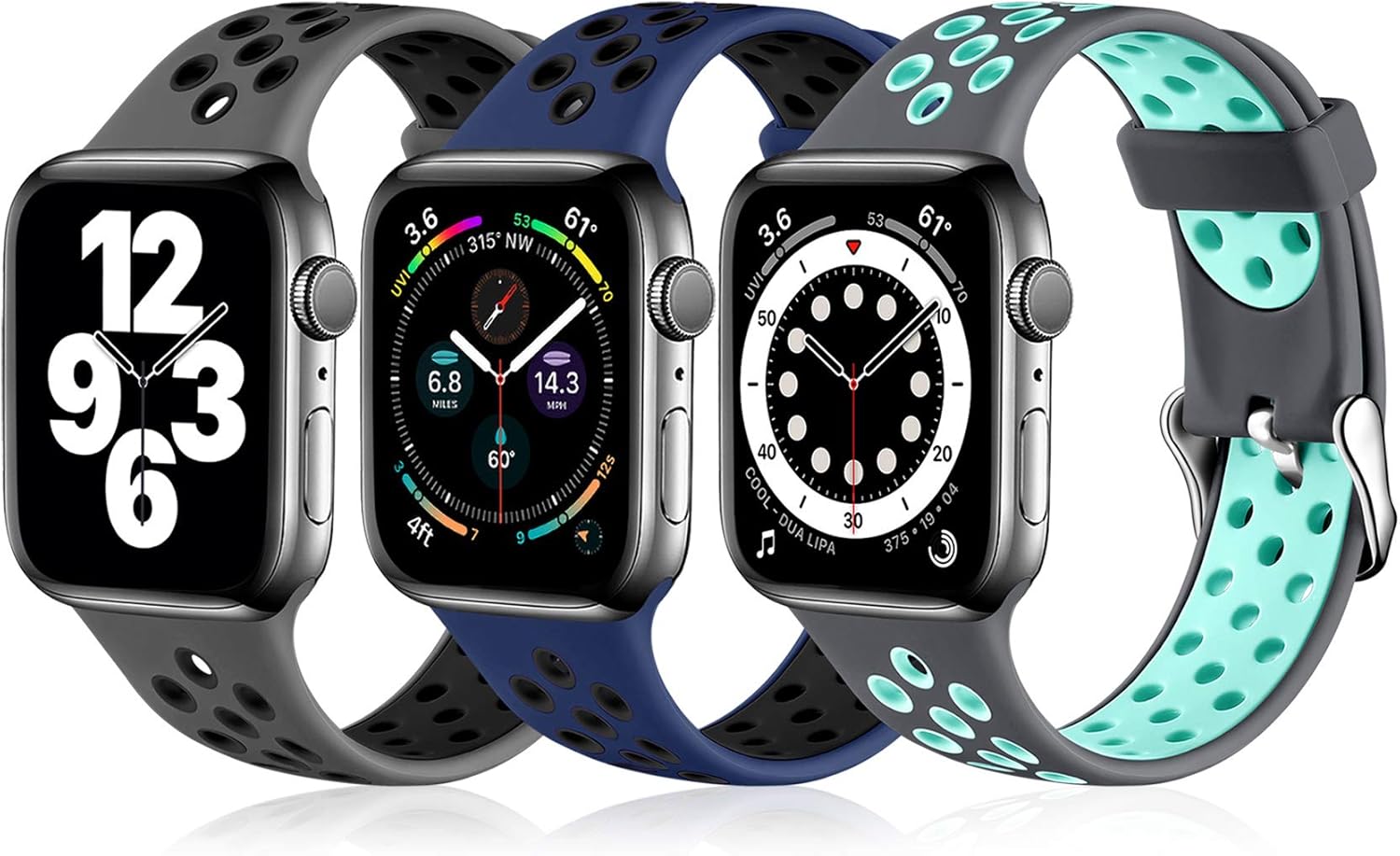 Ouwegaga Compatible for Apple Watch Bands 38mm 40mm Soft Silicone Breathable Air Holes Sport Bands for iWatch Series 6 5 4 3 2 1 SE Women Men Charcoal/Black Navy Blue/Black Gray/Teal S/M 3 Pack
