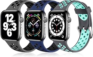 Ouwegaga Compatible for Apple Watch Bands 38mm 40mm Soft Silicone Breathable Air Holes Sport Bands for iWatch Series 6 5 4 3 2 1 SE Women Men Charcoal/Black Navy Blue/Black Gray/Teal S/M 3 Pack