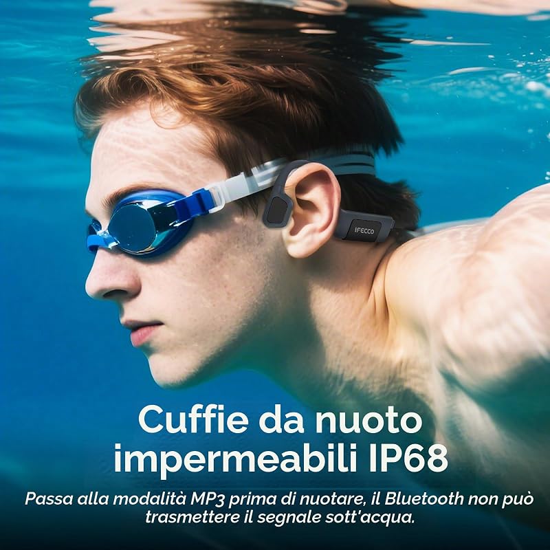 IFECCO Cuffie Conduzione Ossea Nuoto, IP68 Impermeabili, Lettore MP3 32G