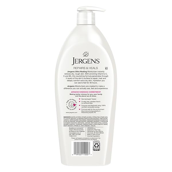 JERGENS ULTRA HEALING DRY SKIN LOTION, HAND AND BODY MOISTURIZER FOR QUICK ABSORPTION INTO EXTRA DRY SKIN WITH HYDRALUCENCE BLEND, VITAMINS C, E AND B5, WHITE, 32OZ