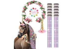 PETMARKET 22Pcs Horse Costume, Unicorn Horn, Pony Bling Hair Accessory Set, Horses Tail Extension with Mini Clip, Pony Tinsel Rose Flower Vine for Real Horse Birthday Party Decor Race