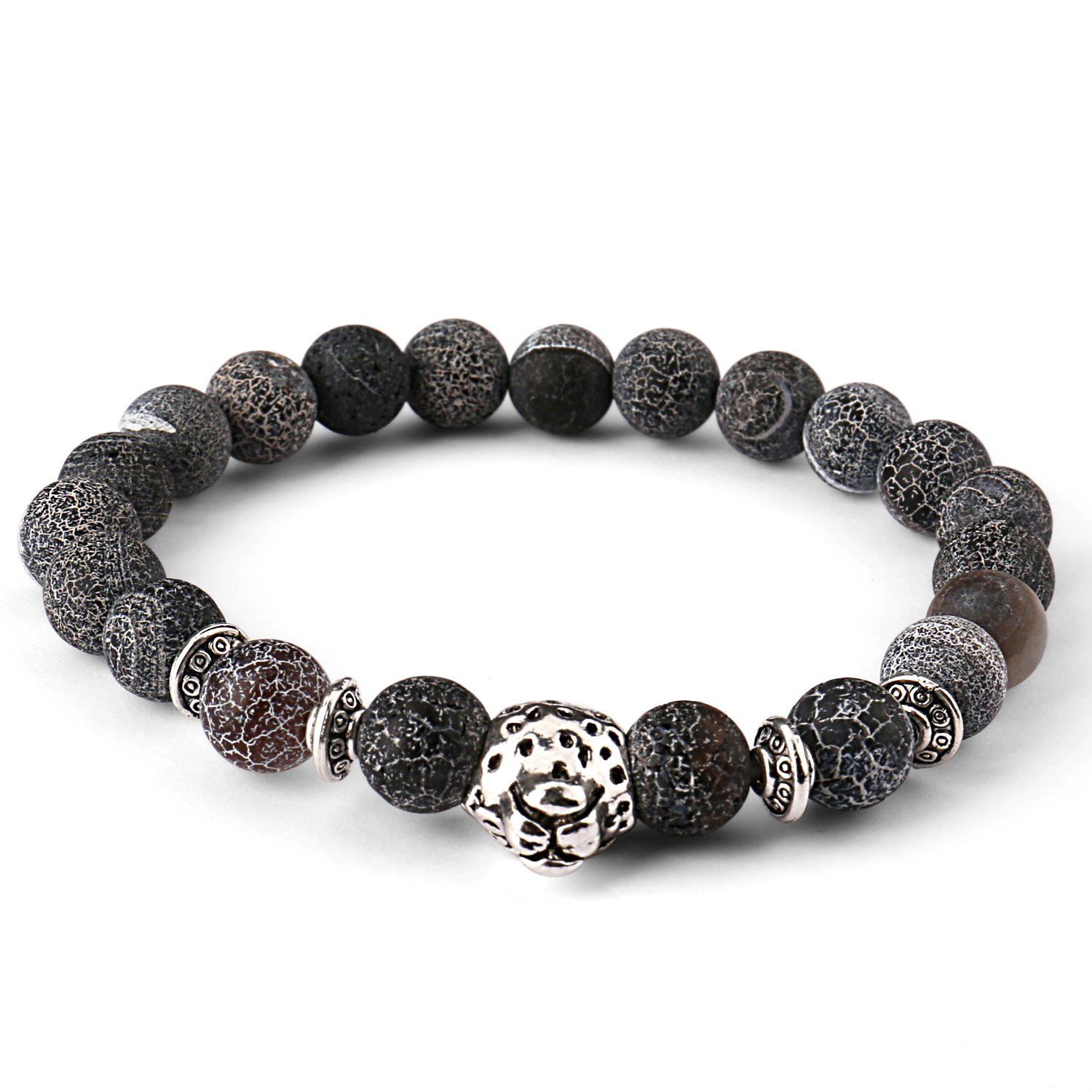 Bead Bracelets,UHIBROS Unisex Natural Tiger Eyes, Black Matte, Weathering Agate Beads Stretch Bracelets With Leopard Head Gold,Silver