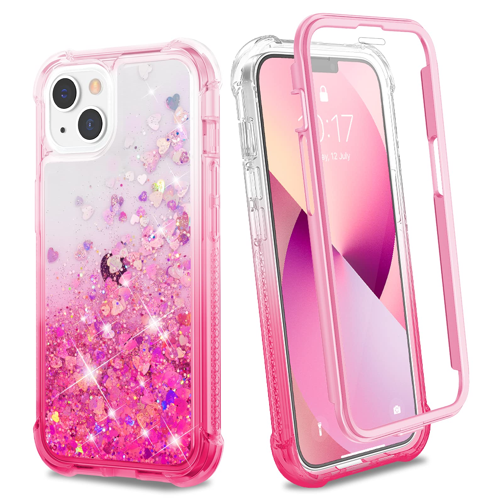 Ruky Case for iPhone 13 & iPhone 14, Full Body Glitter Liquid Case with Built-in Screen Protector Soft TPU Protective Girls Women Phone Case for iPhone 13 & iPhone 14 6.1”, Gradient Pink