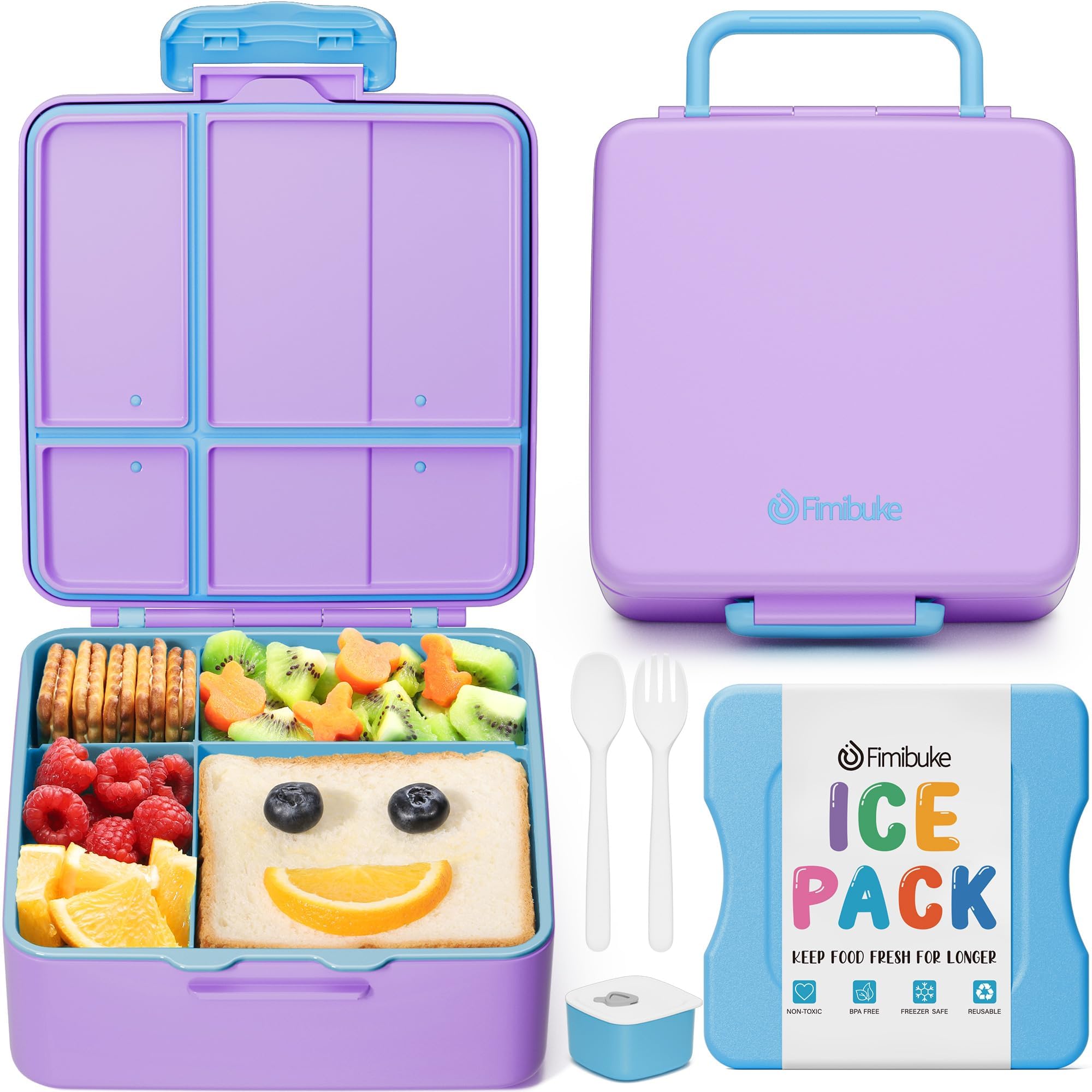 Photo 1 of Fimibuke Chill Bento Box for Kids Adult, Leak Proof Toddler Lunch Box with Ice Pack Keep Food Cold, BPA Free 4 Compartment Lunch Container with Utensils for Girl Boy School, Microwave Dishwasher Safe