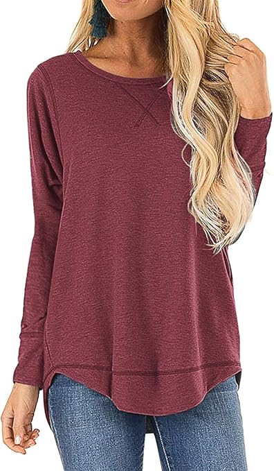 LEANI Women's Fall Tops Long Sleee Side Split Casual Loose Pullover Tunic Tops Wine Red
