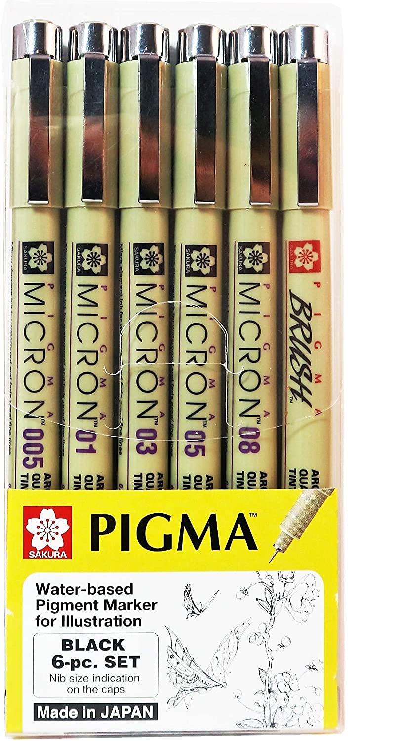 Sakura Pigma Micron drawing pen set, Archival ink black fineliner artist pen, Assorted nibs fine point (005, 01, 03, 05, 08, brush tip)