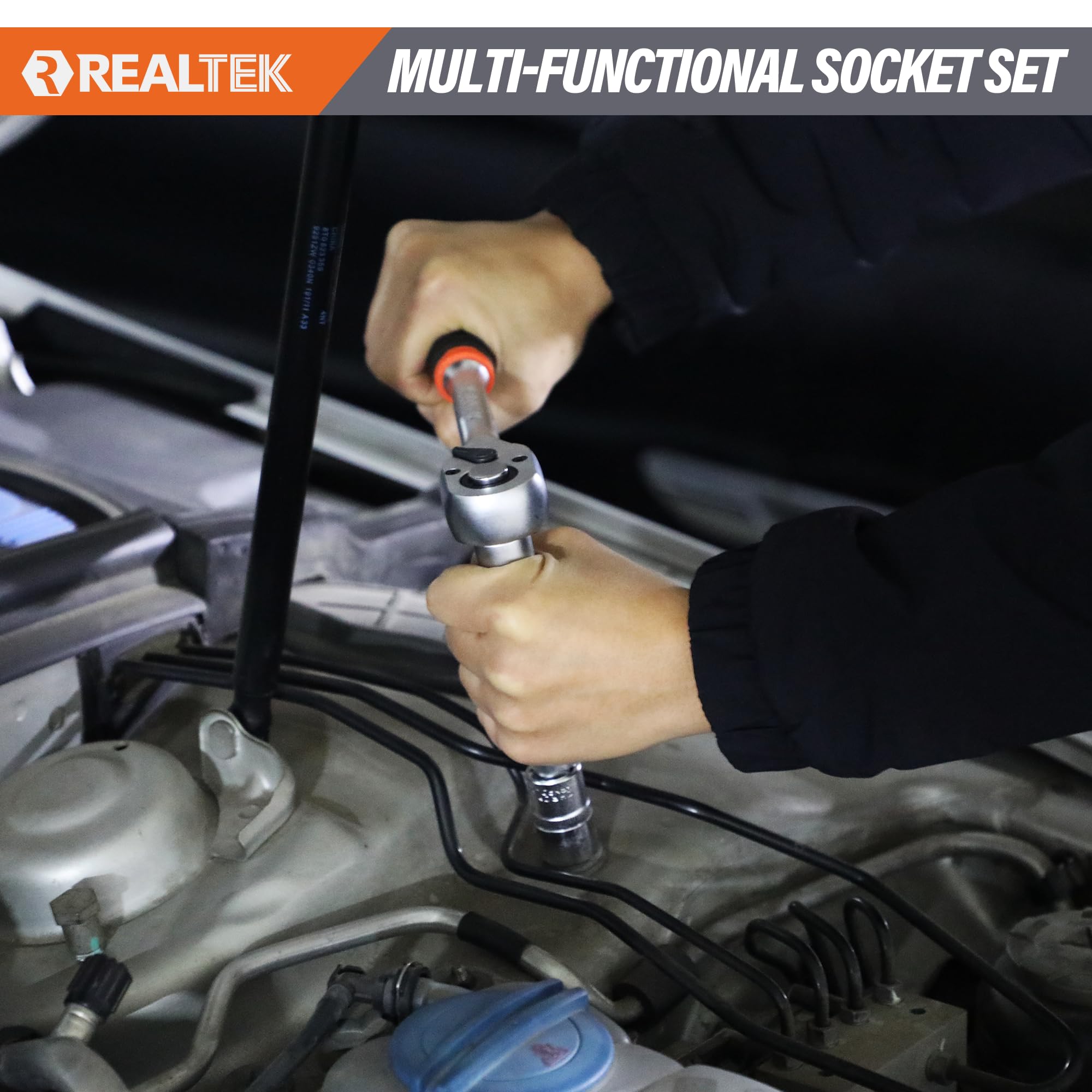 REALTEK Steckschlüsselsatz 66-teilig, 1/4" Steckschlüssel-Satz, Knarrenkasten, Werkzeugkoffer Mit Ratschen, Steckschlüssel und Bitsatz, Cr-V Ratschenschlüssel Set für Fahrrädern und Autos 6