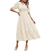 MEROKEETY Women's 2025 Summer Puff Sleeve Smocked Floral Dress Crewneck Lace Flowy Tiered Midi Dresses