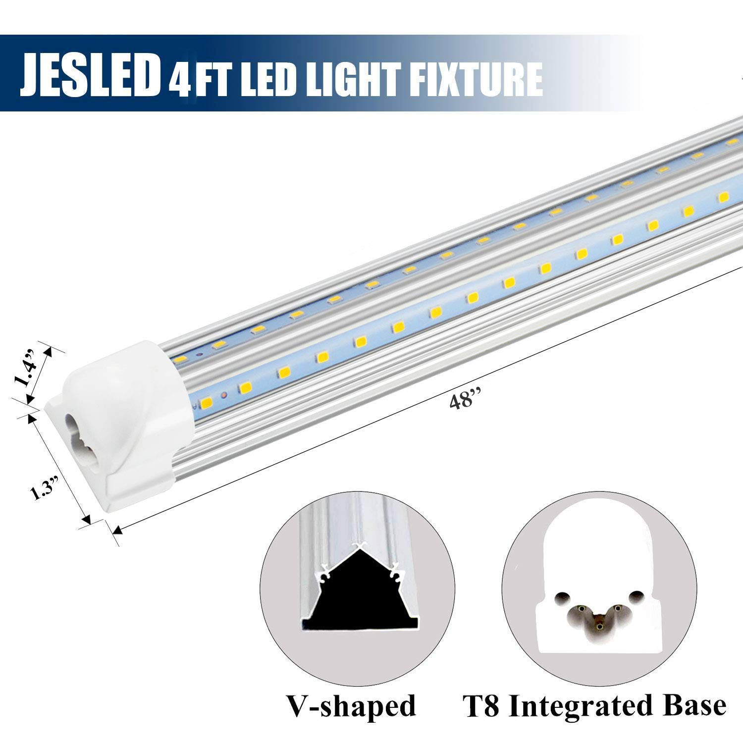 JESLED 4FT LED Shop Light - 36W 4500LM, 6000K-6500K White, V Shape, Linkable 4 Foot LED Tube Lights with On/Off Switch, Integrated T8 Plug in Fixtures for Garage Warehouse Basement Workshop (12-Pack)