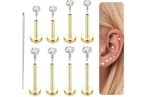 LOLIAS 14K Gold Plated Flat Back Stud Earrings - 316L Surgical Steel Internal Thread CZ Stud Piercing Jewelry for Tragus Helix Cartilage Conch Nose Hypoallergenic Lip Labret Medusa Piercing 16G 18G