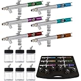Master Airbrush S66-PRO 6-Piece Dual-Action Siphon Feed Airbrush Set | 0.35mm Tips, 3/4 oz Bottles, Color-Coded Handles &amp; Storage Case - Air Brush Guns for Painting and Aerografo Artwork