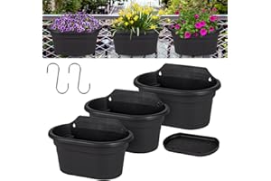 QCQHDU Hanging Railing Planter,3 Pack 11 inch Black Plastic Fence Planter Hanging Flower Pots for Outdoor Coutryside Style Window Balcony Planter with Detachable Hooks Outside Home Decor,Black