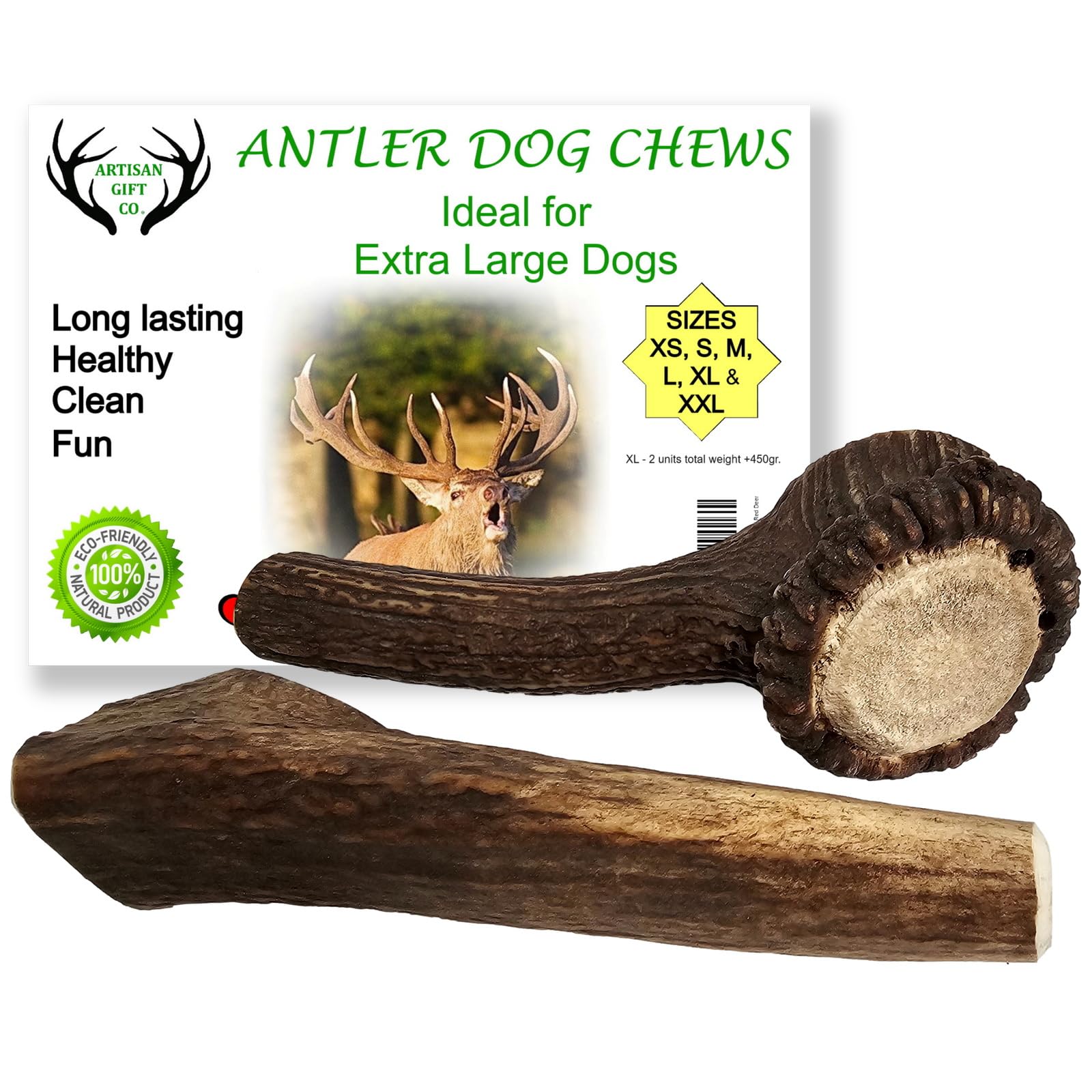ARTISAN GIFT CO Naturally Shed 100% Natural Premium Deer Antler Chew for Dogs (XL - 2 Units)