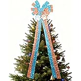 Cayivran Christmas Tree Topper Bow, 44 * 13inch Blue Orange Xmas Topper, Large Christmas Bow with Streamers Dog Paw Ornament, Indoor and Outdoor Christmas Tree Xmas Wreath Decor