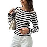 Floerns Women's Striped Long Sleeve T Shirts Boat Neck Ruched Y2k Tee Tops