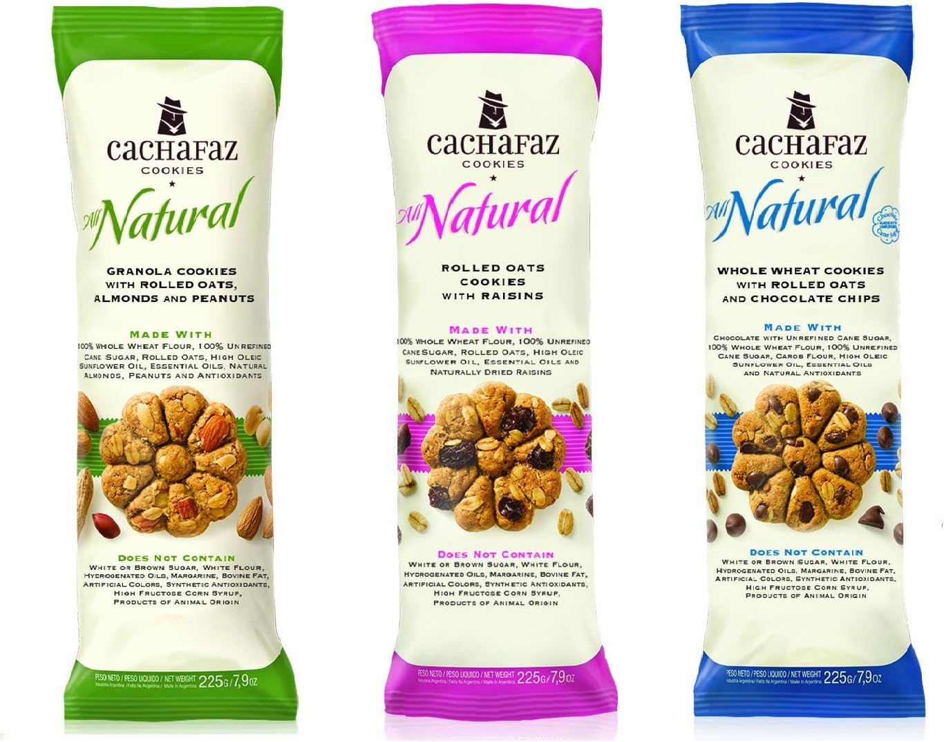 Cachafaz All Natural Whole Wheat Cookies Pack of 3 Best Selling Flavors (Granola-Raisins and Chocolate Chips flavors ) 45cal per cookie/No White Flour/No Margarine/No Bovine Fat/NoHFCS