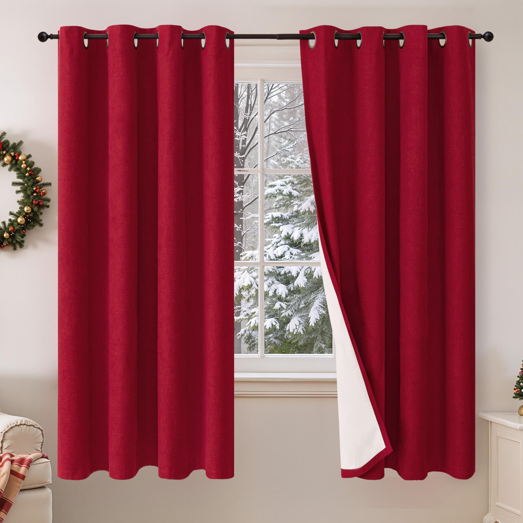 Lajode Red Christmas 100% Linen Blackout Curtains 63 Inch Long 2 Panels, Thick Heavy Thermal Insulated Cold Blocking Noise Reducing Window Curtains for Winter Decoration, Each 52x63 Inch 2 Panels Image
