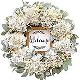 Year Round Wreaths for Front Door 22 Inch, Spring/Summer Wreath with Hydrangeas Lamb's Leaves Berries Welcome Board for Holiday Farmhouse Home Indoor Outdoor Wedding Party Wall Window Decor