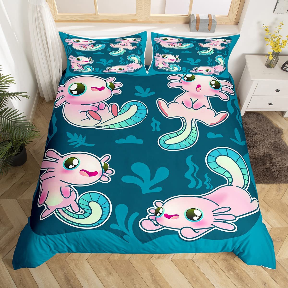 Kawaii Axolotl Duvet Cover Cartoon Axolotl Bedding Set 3D Animals Comforter Cover for Boys Girls Children Teens Salamander Bedspread Cover Single Size
