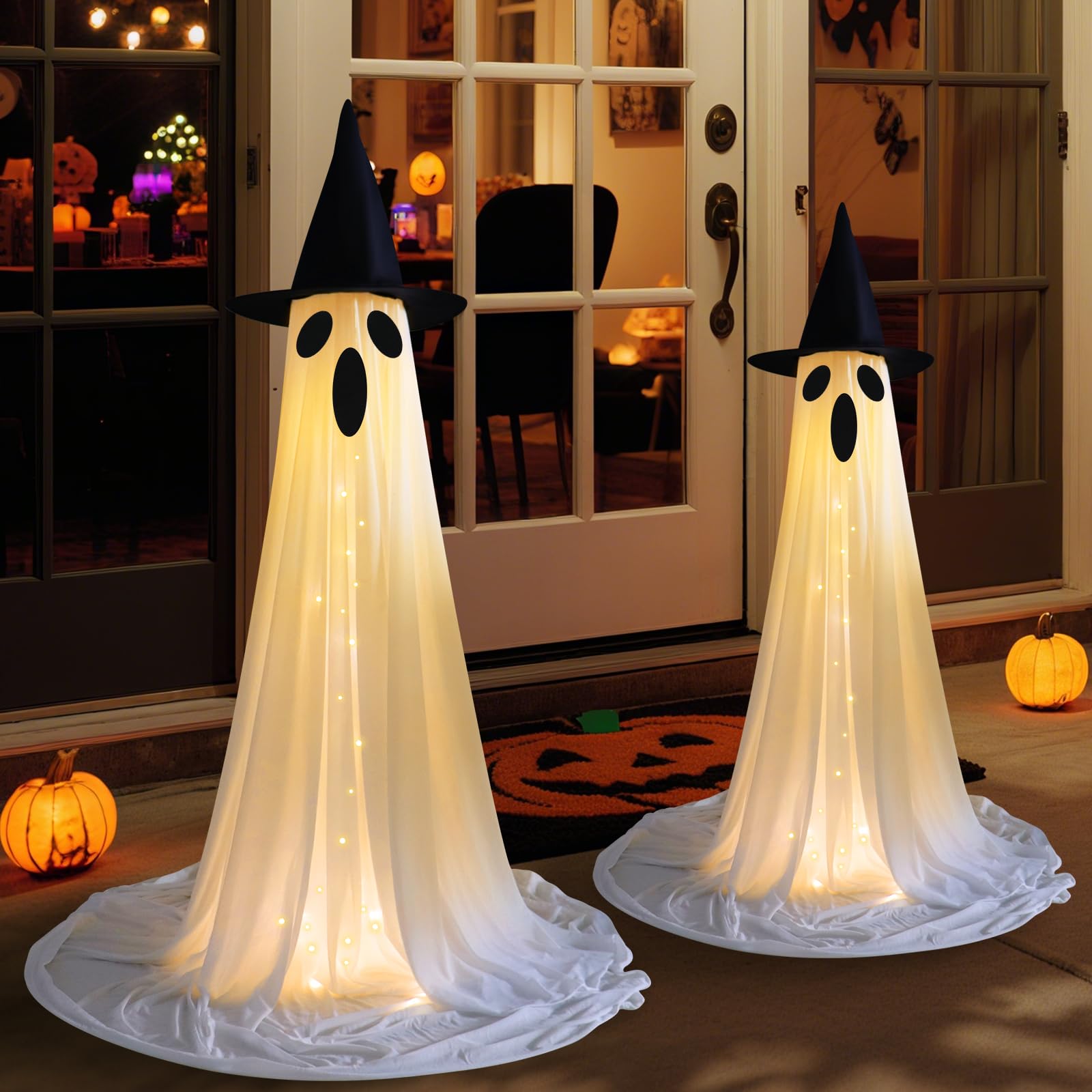 Photo 1 of 2PCS Halloween Ghosts Decorations Outdoor/Indoor, Large Adjustable Height Lighted White Cloth Ghosts with Adjustable String Lights Battery Operated Halloween Party Home Porch Yard Decorations
