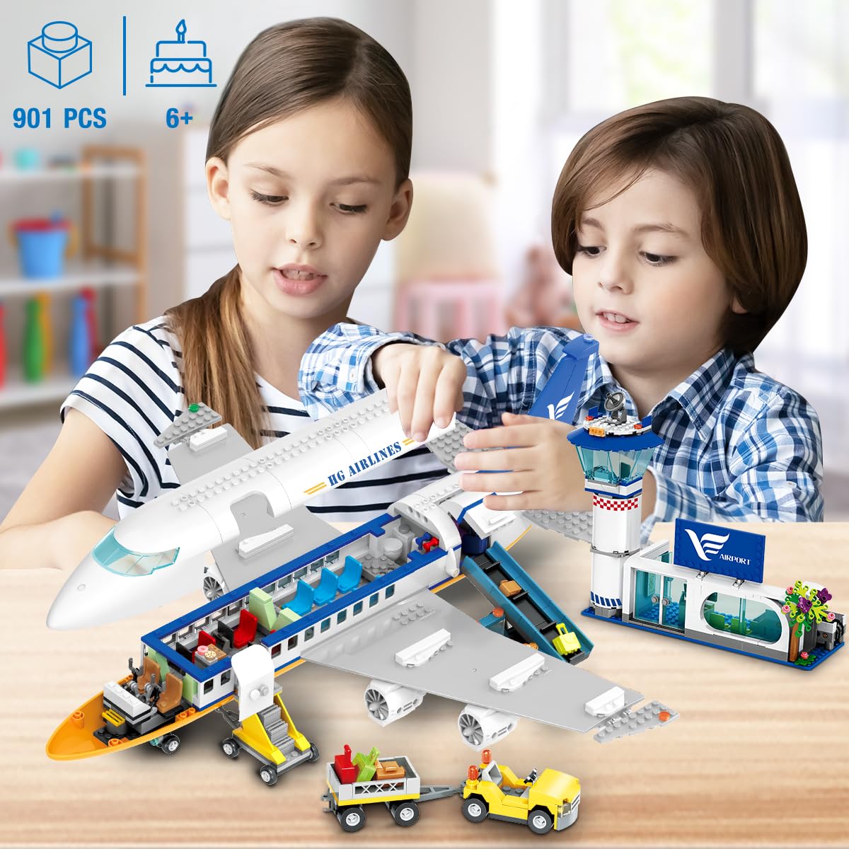 HOGOKIDS Passagierflugzeug Bauspielzeug Set mit LED Licht, 901 PCS Flugzeug Bausteine Spielzeug mit Terminal, Radarturm, Anhänger, Flugzeug-Modell Geschenke für Jungen Mädchen ab 6 7 8 9 10 Jahre 7