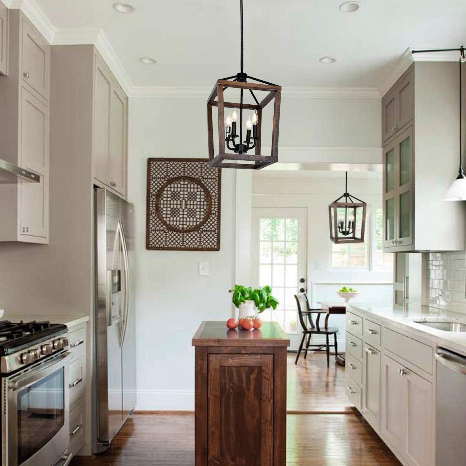 4-Light Rustic Chandelier, Adjustable Height Lantern Pendant Light with Oak Wood and Iron Finish, Farmhouse Lighting Fixtures for Dining Room, Kitchen, Hallway and Entryway, ETL Listed - - 