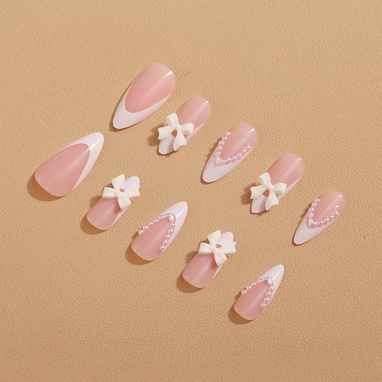 White French Tip Almond Shape Pearl Bow Fake Nails Design Tips - 24pcs Cute Bow Stick On Nails for Women & Girls - Daily Wear - Image 3