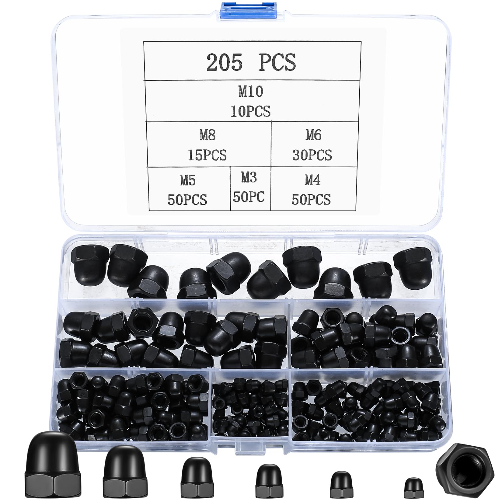 205 Pcs Carbon Steel Dome Nut Caps, Hex Cap Nuts for Screws & Bolts, M3-M10, Black