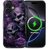 Punmada for iPhone 16 Case for MagSafe,Hard Hybrid Shell Shockproof Silicone Full Body Protective Non Slip Case for iPhone 16 Purple Skull Rose Pattern