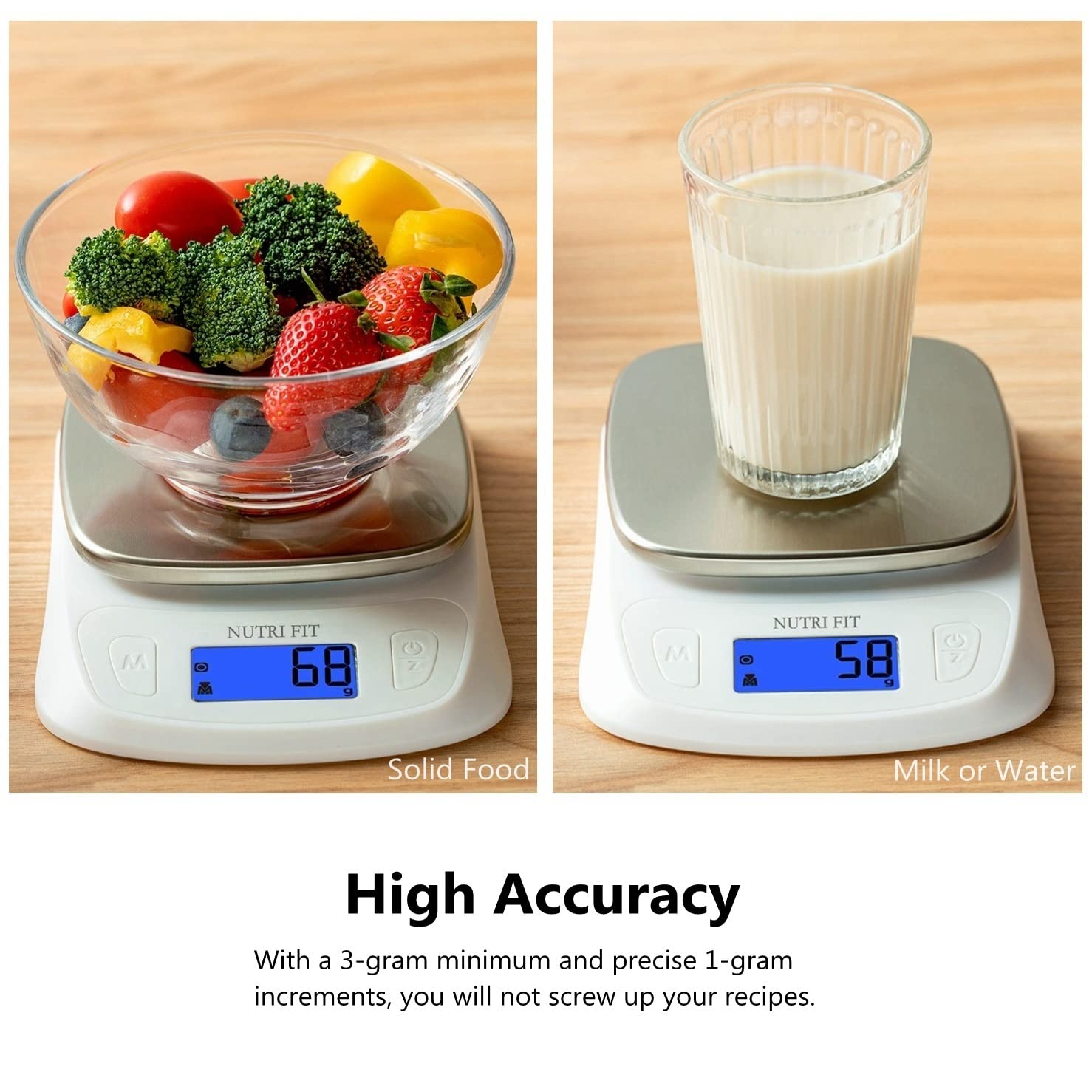 NUTRI FIT Food Kitchen Scale Digital Grams and Ounces Ultra Slim Scale Portable for Baking Cooking Camping Stainless Tare Auto Off Backlit Large LCD Display 11lb/5kg-White