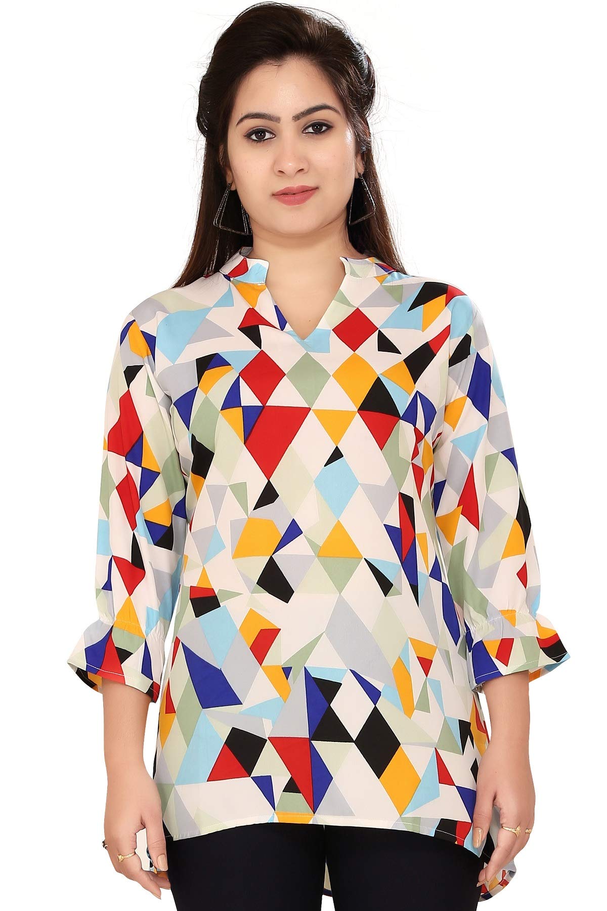 Indian Tunic Tops/Short Kurti/Crepe Printed A-Line Kurta for Women & Girls (PC-07_L_MULTICOLOR)